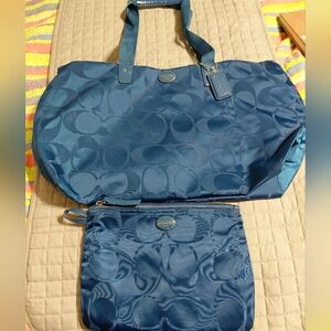 Coach Blue Nylon Packable Travel Tote Pouch Like New